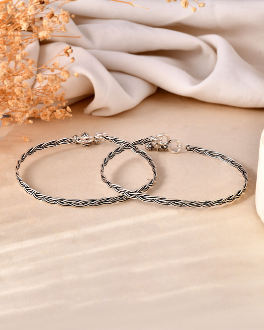 925 Sterling Silver Braided Anklet Pair – Oxidized Adjustable Payal