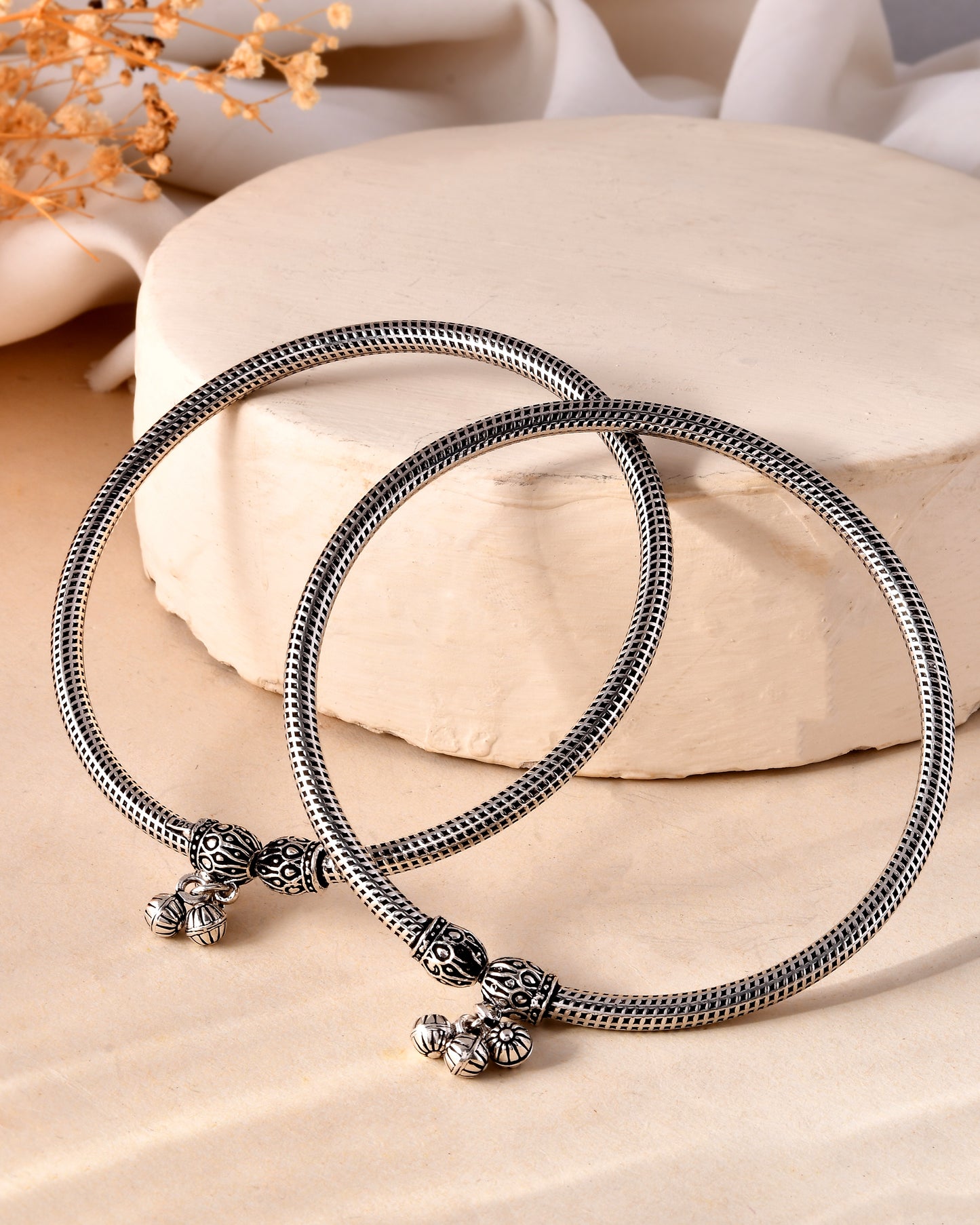 925 Sterling Silver Oxidized Charm Anklet Pair – Traditional Payal Jewelry