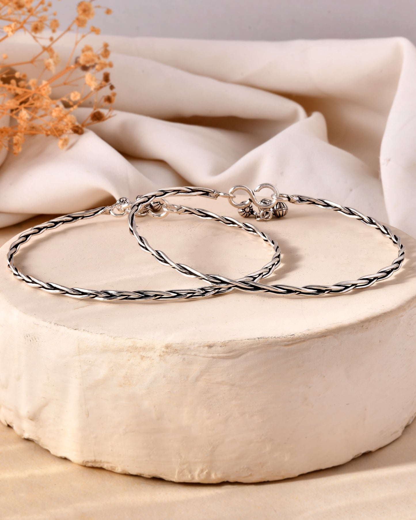 925 Sterling Silver Braided Anklet Pair with Charm Drops – Oxidized Payal