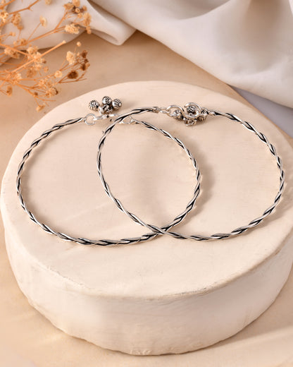 925 Sterling Silver Braided Anklet Pair with Charm Drops – Oxidized Payal
