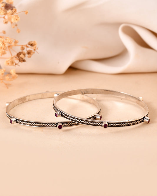 925 Sterling Silver Bangles with Purple Stone Accents – Oxidized Antique Finish