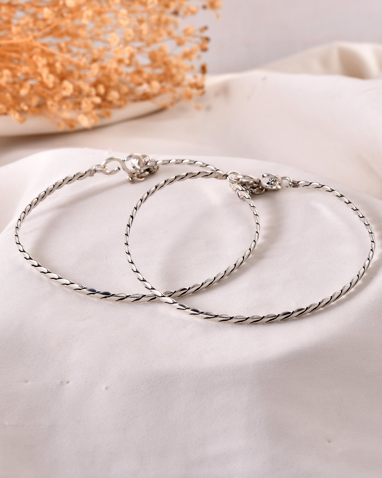 925 Sterling Silver Twisted Braid Anklet Pair with Charm Drops – Oxidized Payal