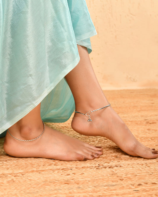925 Sterling Silver Twisted Braid Anklet Pair with Charm Drops – Oxidized Payal
