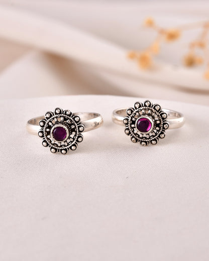 925 Silver Floral Toe Rings with Purple Stone – Adjustable Traditional Indian Jewelry