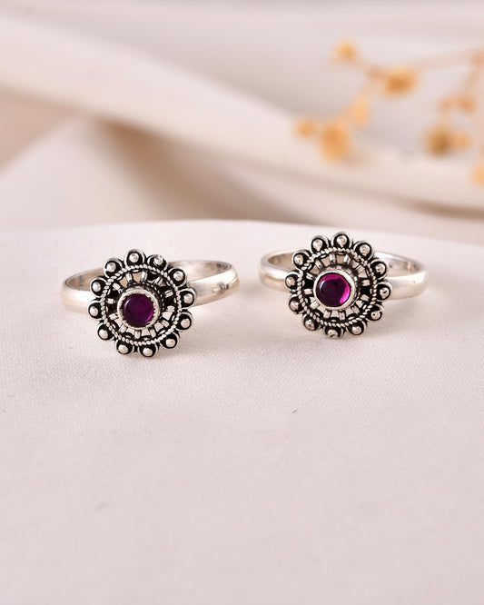925 Silver Floral Toe Rings with Purple Stone – Adjustable Traditional Indian Jewelry