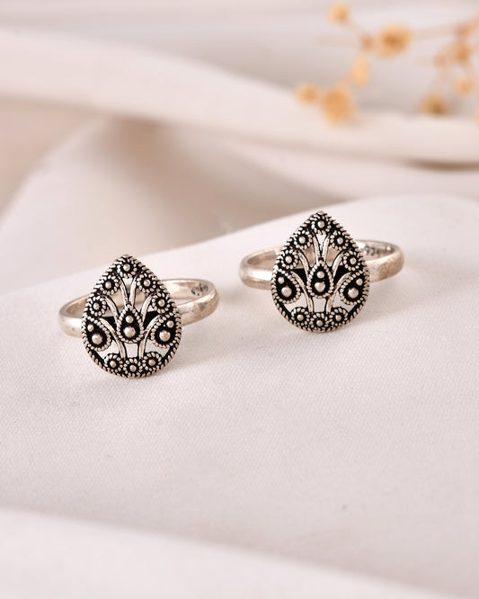 925 Sterling Silver Toe Rings – Adjustable Teardrop Floral Oxidized Design