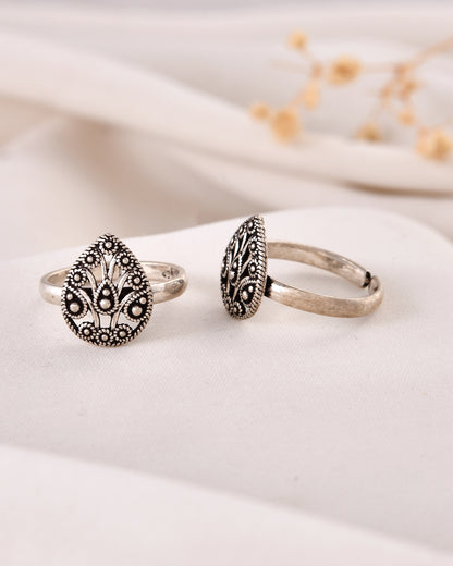 925 Sterling Silver Toe Rings – Adjustable Teardrop Floral Oxidized Design