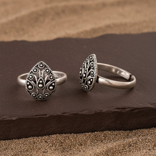 925 Sterling Silver Toe Rings – Adjustable Teardrop Floral Oxidized Design