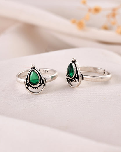 925 Silver Green Teardrop Toe Ring – Adjustable Tribal Design