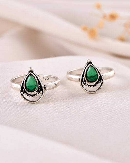 925 Silver Green Teardrop Toe Ring – Adjustable Tribal Design
