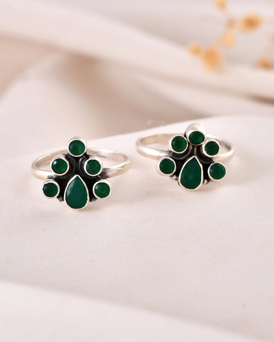 925 Sterling Silver Green Stone Cluster Toe Rings – Adjustable Tribal Jewelry