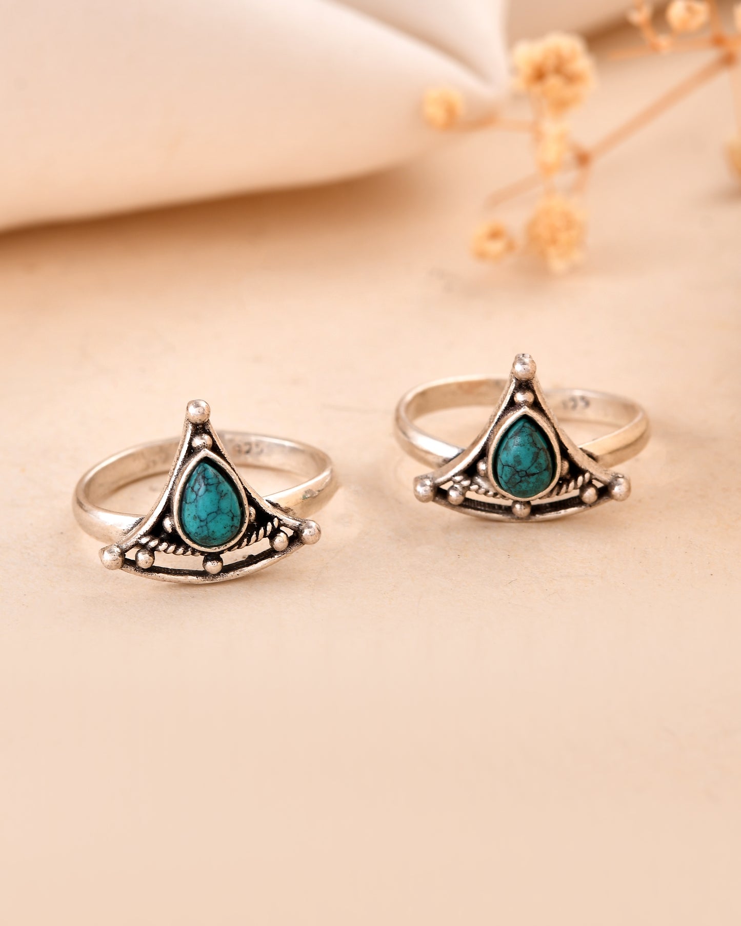 925 Silver Turquoise Stone Toe Rings – Tribal Design Adjustable Pair