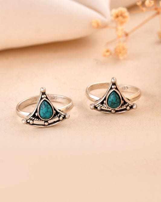 925 Silver Turquoise Stone Toe Rings – Tribal Design Adjustable Pair
