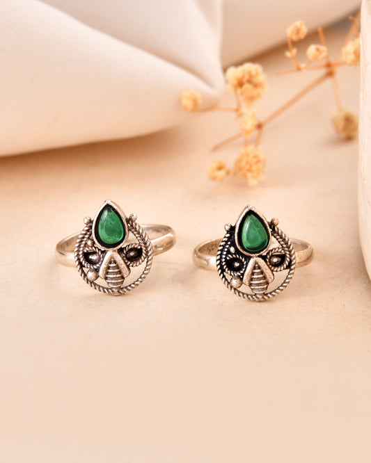 925 Sterling Silver Green Stone Teardrop Toe Rings – Adjustable Tribal Design