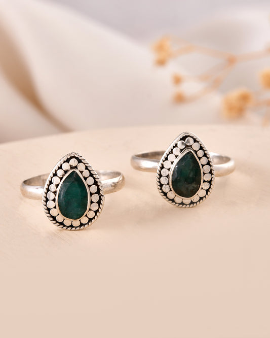 925 Silver Teardrop Green Stone Toe Rings – Adjustable Ethnic Foot Jewelry