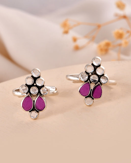 Purple Stone Floral Silver Toe Ring Pair – Adjustable Ethnic Jewelry