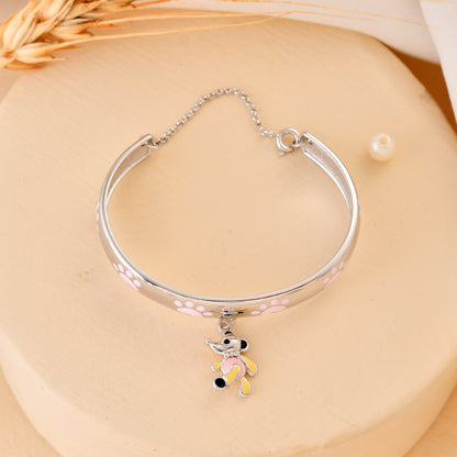925 Sterling Silver Paw-Print Bangle with Dangling Mouse Charm – Adjustable Kids Bracelet