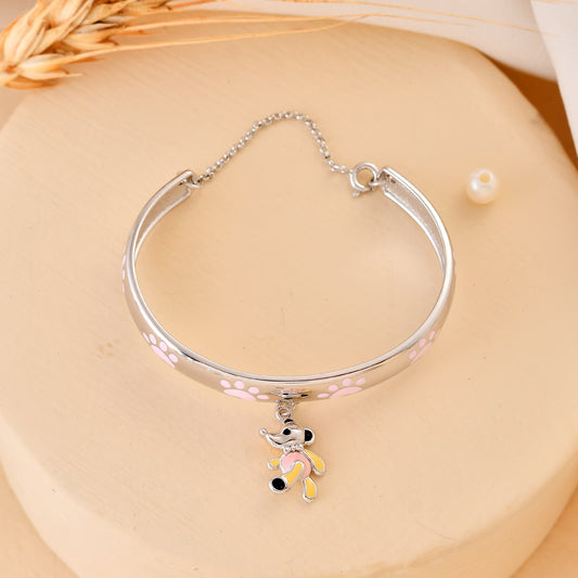 925 Sterling Silver Paw-Print Bangle with Dangling Mouse Charm – Adjustable Kids Bracelet