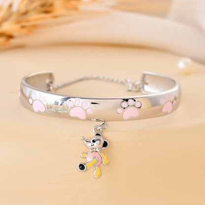 925 Sterling Silver Paw-Print Bangle with Dangling Mouse Charm – Adjustable Kids Bracelet