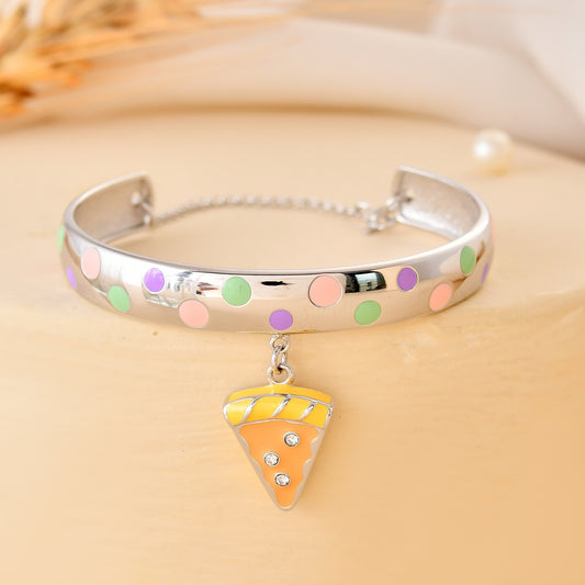 925 Sterling Silver Polka-Dot Bangle with Dangling Pizza Slice Charm – Adjustable Kids Bracelet