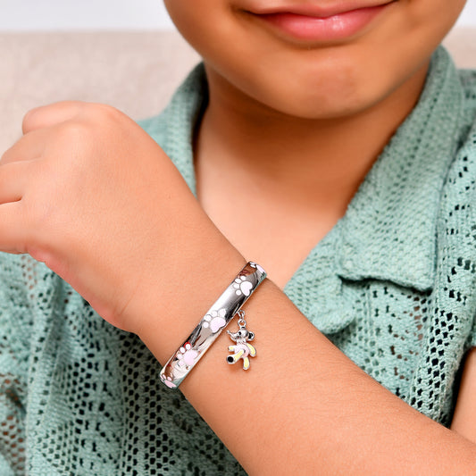 925 Sterling Silver Paw-Print Bangle with Dangling Mouse Charm – Adjustable Kids Bracelet