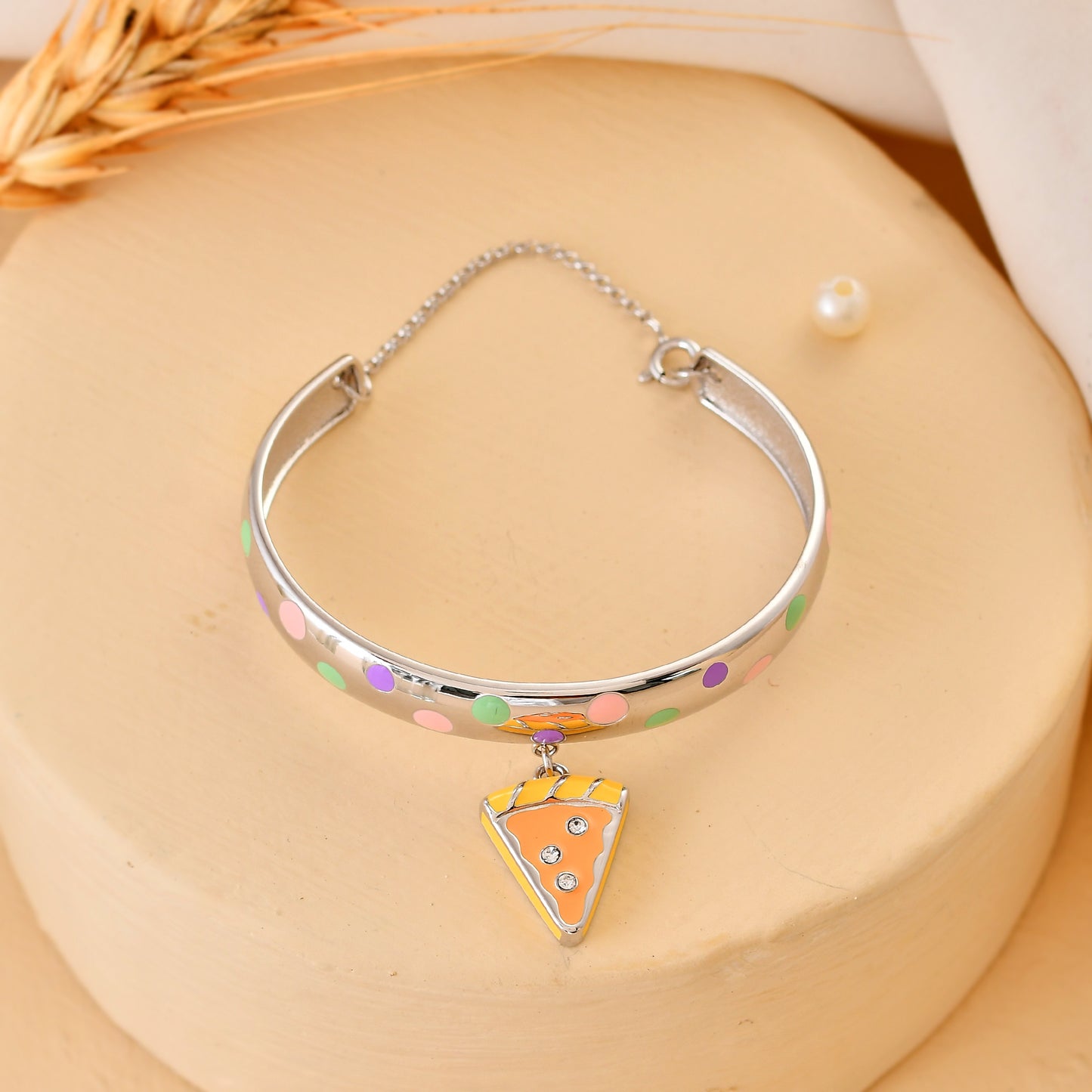 925 Sterling Silver Polka-Dot Bangle with Dangling Pizza Slice Charm – Adjustable Kids Bracelet