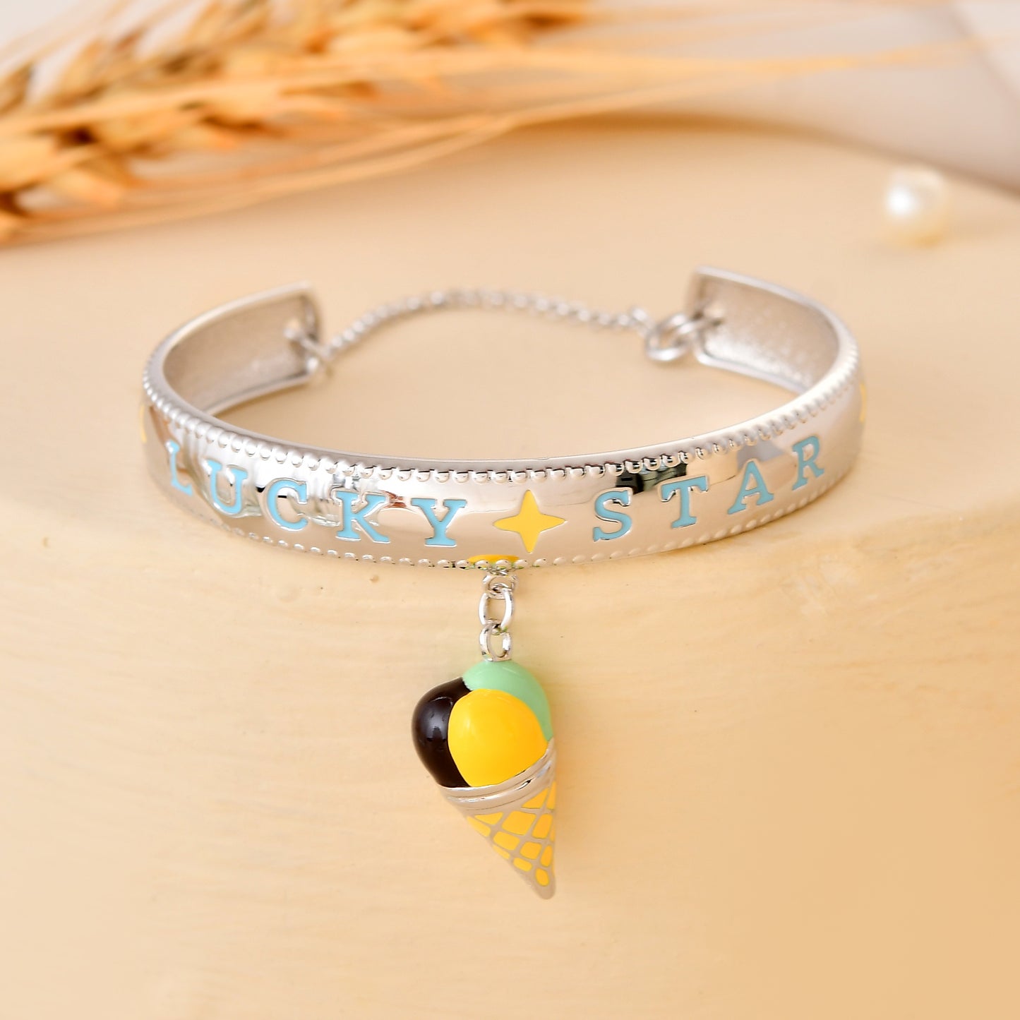 925 Sterling Silver “Lucky Star” Bangle with Dangling Ice-Cream Cone Charm – Adjustable Kids Bracelet