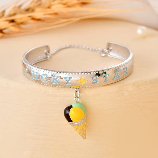 925 Sterling Silver “Lucky Star” Bangle with Dangling Ice-Cream Cone Charm – Adjustable Kids Bracelet