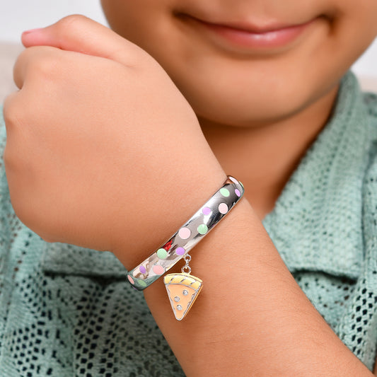 925 Sterling Silver Polka-Dot Bangle with Dangling Pizza Slice Charm – Adjustable Kids Bracelet