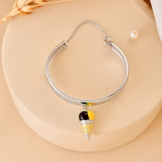 925 Sterling Silver “Lucky Star” Bangle with Dangling Ice-Cream Cone Charm – Adjustable Kids Bracelet