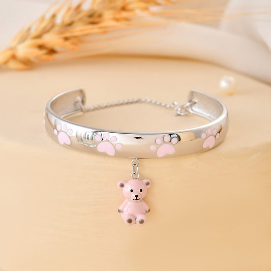925 Sterling Silver Paw-Print Bangle with Dangling Teddy Bear Charm – Adjustable Kids Bracelet