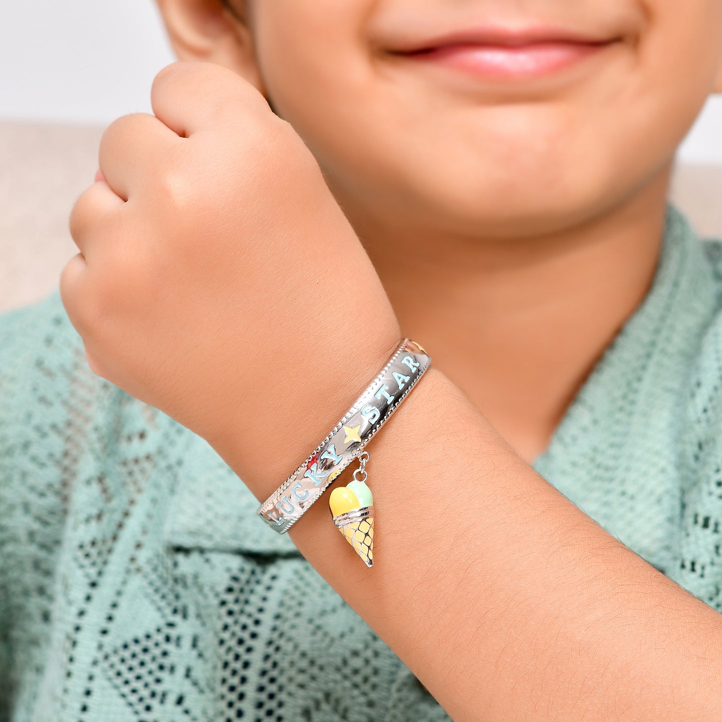 925 Sterling Silver “Lucky Star” Bangle with Dangling Ice-Cream Cone Charm – Adjustable Kids Bracelet