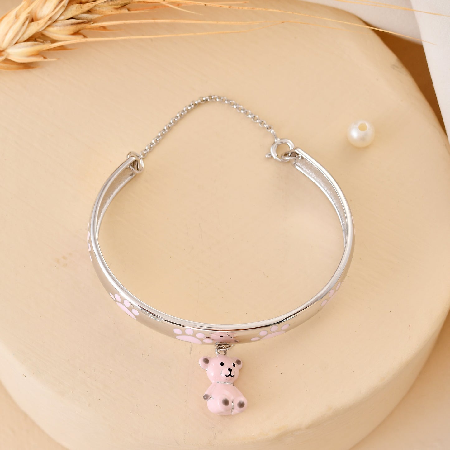 925 Sterling Silver Paw-Print Bangle with Dangling Teddy Bear Charm – Adjustable Kids Bracelet