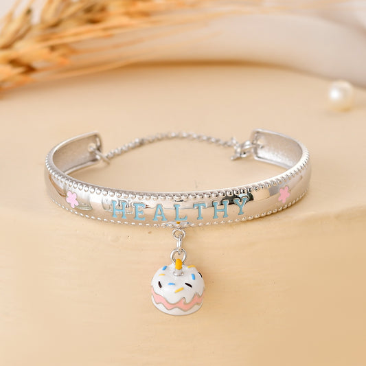 925 Sterling Silver “Healthy” Letter Bangle with Dangling Birthday Cake Charm – Adjustable Kids Bracelet