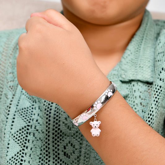 925 Sterling Silver Paw-Print Bangle with Dangling Teddy Bear Charm – Adjustable Kids Bracelet