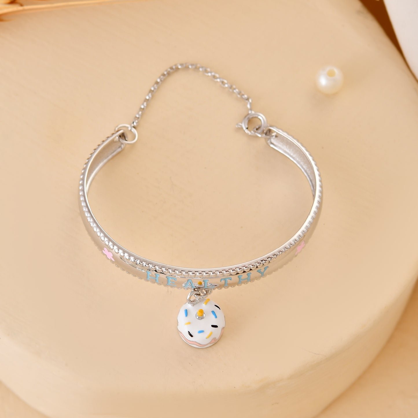925 Sterling Silver “Healthy” Letter Bangle with Dangling Birthday Cake Charm – Adjustable Kids Bracelet