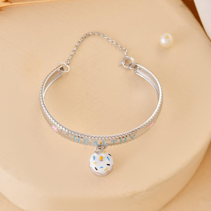 925 Sterling Silver “Healthy” Letter Bangle with Dangling Birthday Cake Charm – Adjustable Kids Bracelet