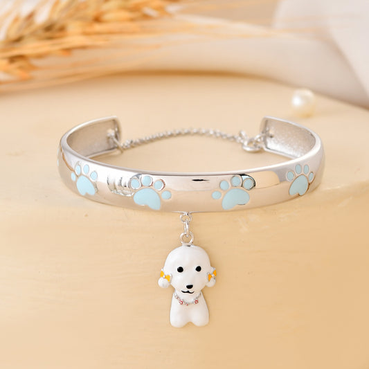 925 Sterling Silver Paw-Print Bangle with Dangling White Puppy Charm – Adjustable Kids Bracelet