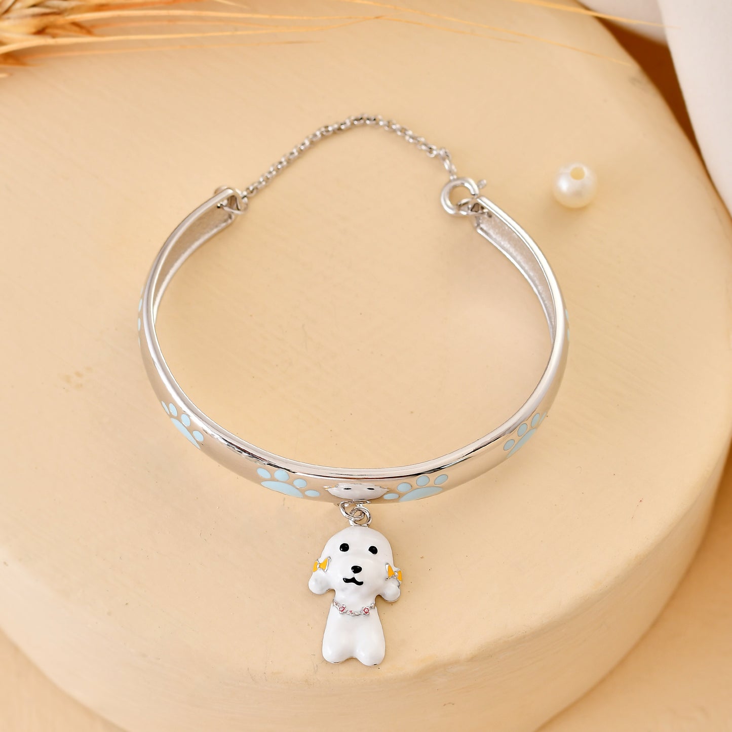 925 Sterling Silver Paw-Print Bangle with Dangling White Puppy Charm – Adjustable Kids Bracelet