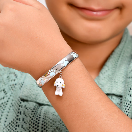 925 Sterling Silver Paw-Print Bangle with Dangling White Puppy Charm – Adjustable Kids Bracelet