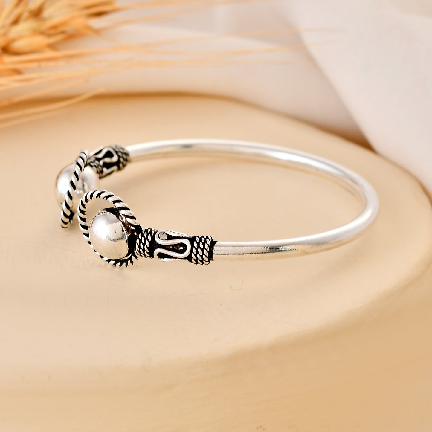 925 Oxidised Sterling Silver Spiral-Ball Kids Kada Cuff Bracelet – Adjustable Tribal Bangle