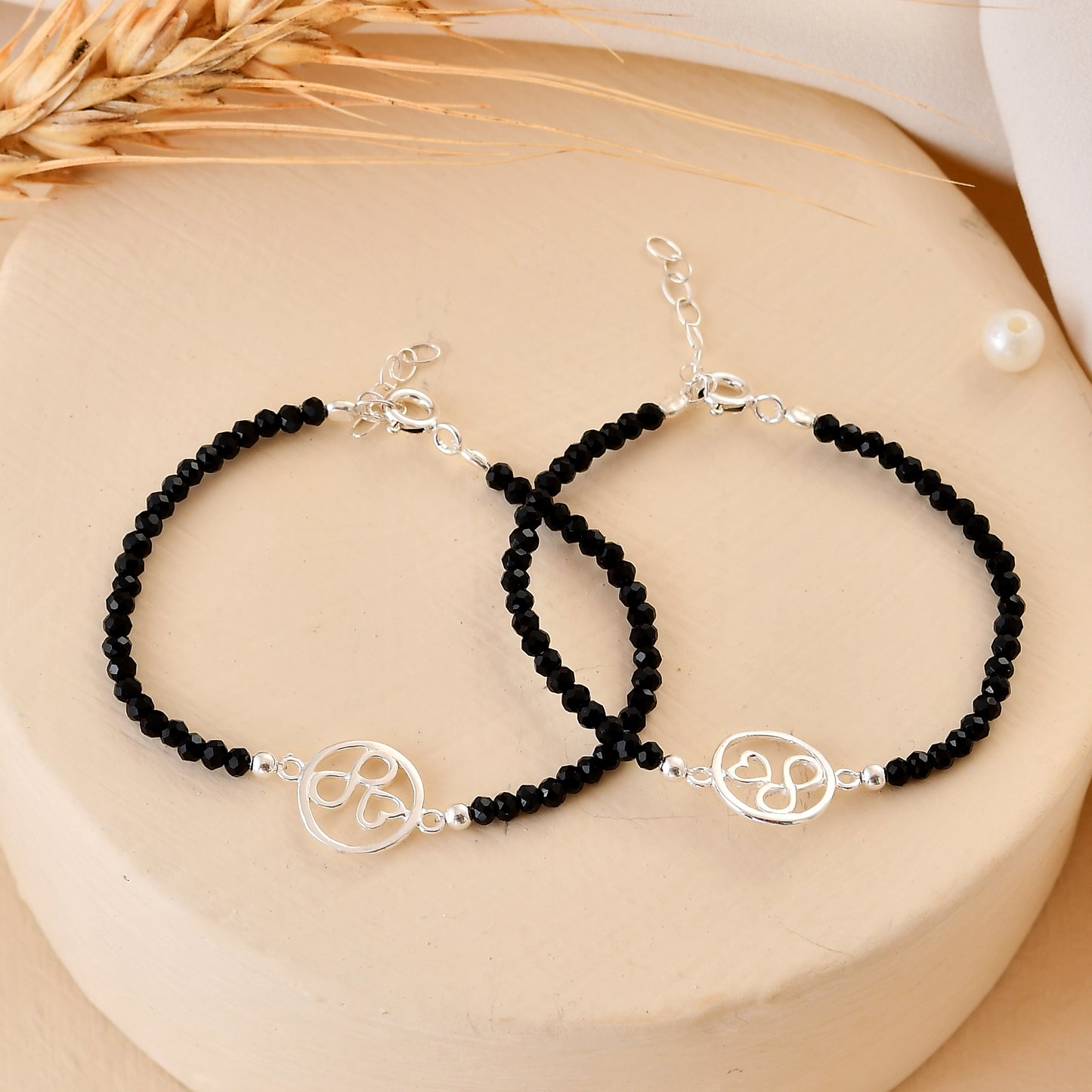 Pair of 925 Sterling Silver Heart-Charm Black Bead Nazariya Bracelets – Adjustable Kids Evil-Eye Protection Set