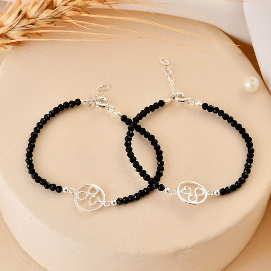 Pair of 925 Sterling Silver Heart-Charm Black Bead Nazariya Bracelets – Adjustable Kids Evil-Eye Protection Set