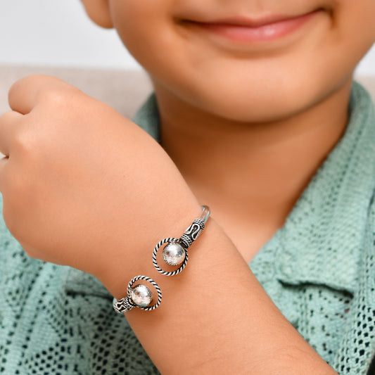 925 Oxidised Sterling Silver Spiral-Ball Kids Kada Cuff Bracelet – Adjustable Tribal Bangle
