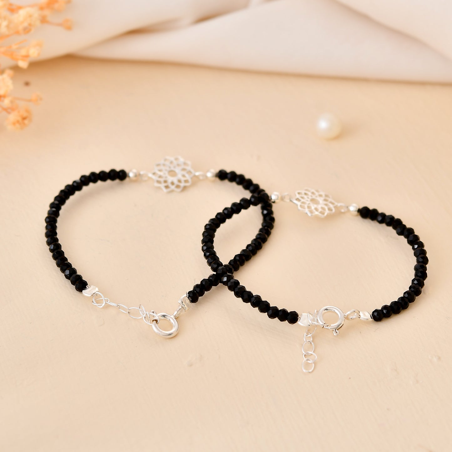 Pair of 925 Sterling Silver Lotus-Charm Black Bead Nazariya Bracelets – Adjustable Evil-Eye Protection Set