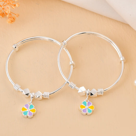 Pastel-Bloom Sterling-Silver Baby Bangle Set | Adjustable Kada with Enamel Flower Charm