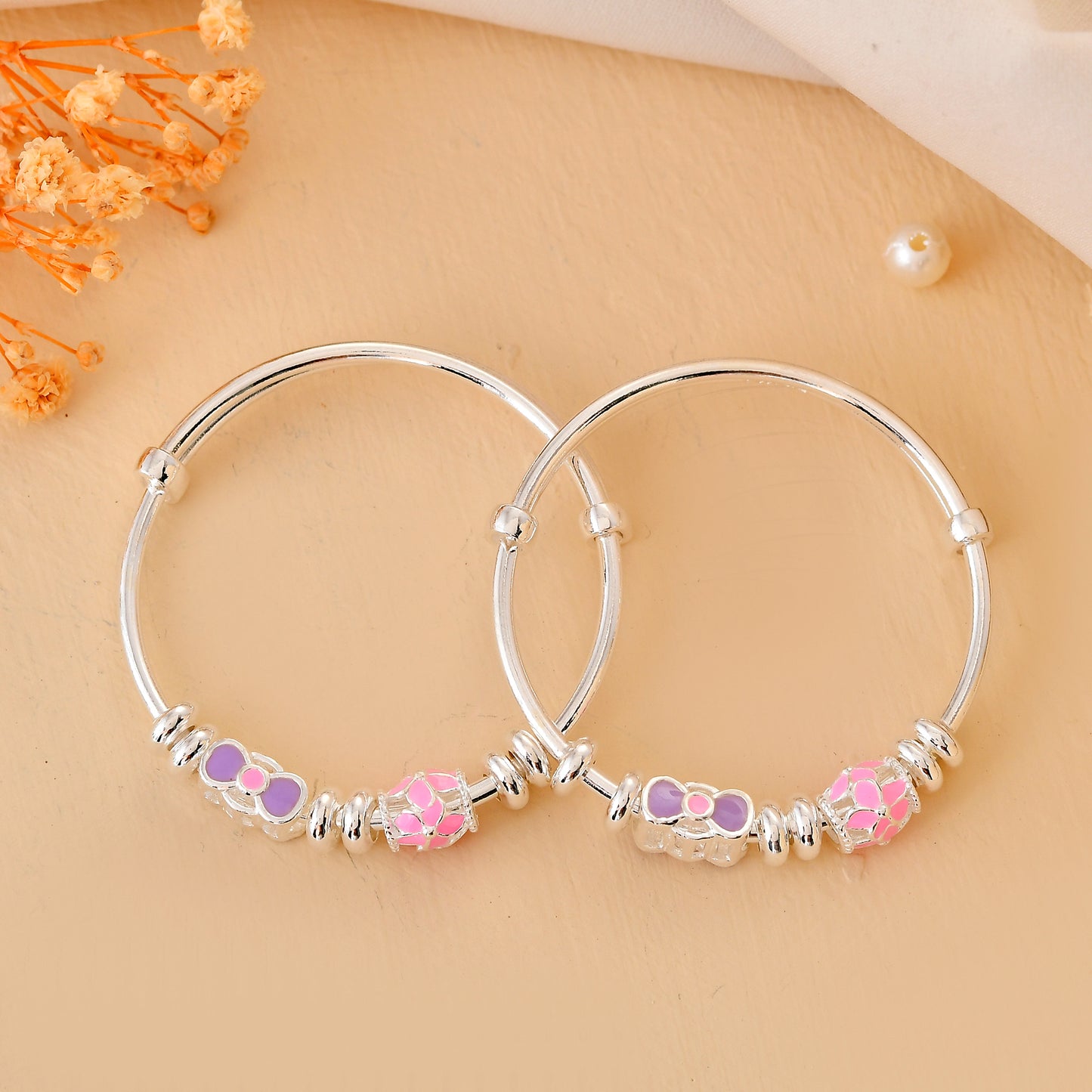 Pink-Bow Sterling-Silver Baby Bangle Set | Adjustable Kada with Mosaic Enamel Beads
