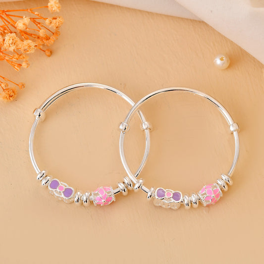 Pink-Bow Sterling-Silver Baby Bangle Set | Adjustable Kada with Mosaic Enamel Beads