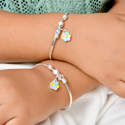 Pastel-Bloom Sterling-Silver Baby Bangle Set | Adjustable Kada with Enamel Flower Charm
