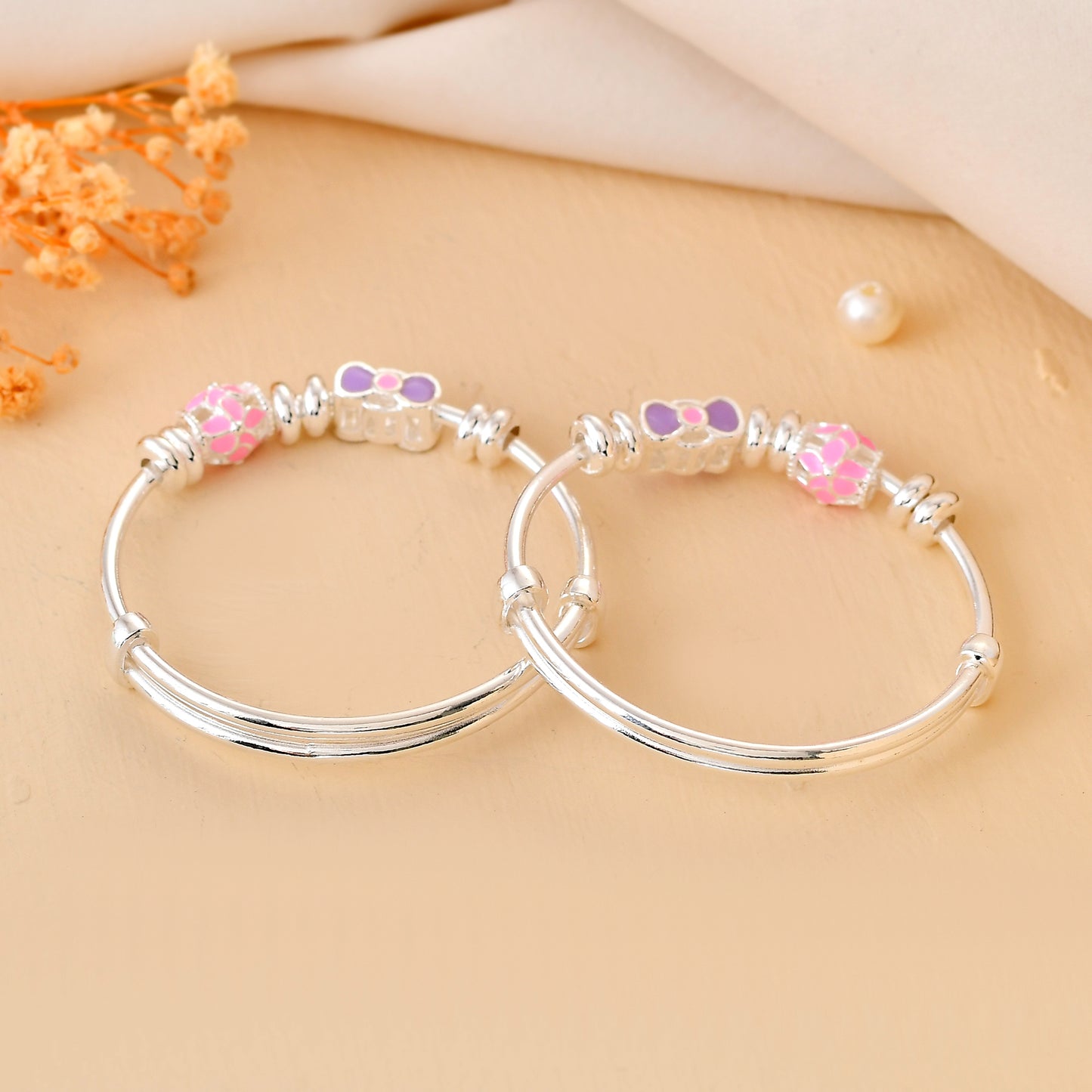 Pink-Bow Sterling-Silver Baby Bangle Set | Adjustable Kada with Mosaic Enamel Beads
